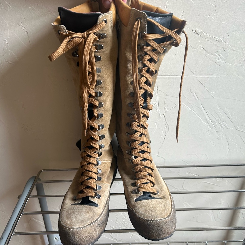 Free People Tan Lace-Up Knee-High Boots